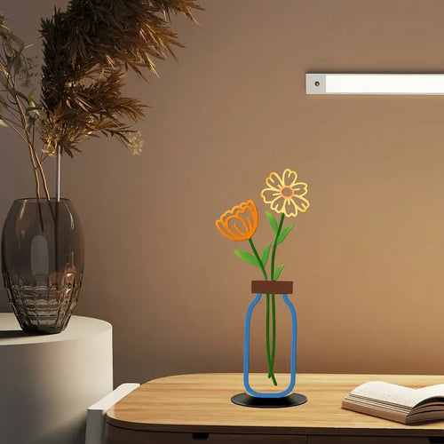 colorful wall vase decoration with flowers on a wooden table in a modern interior