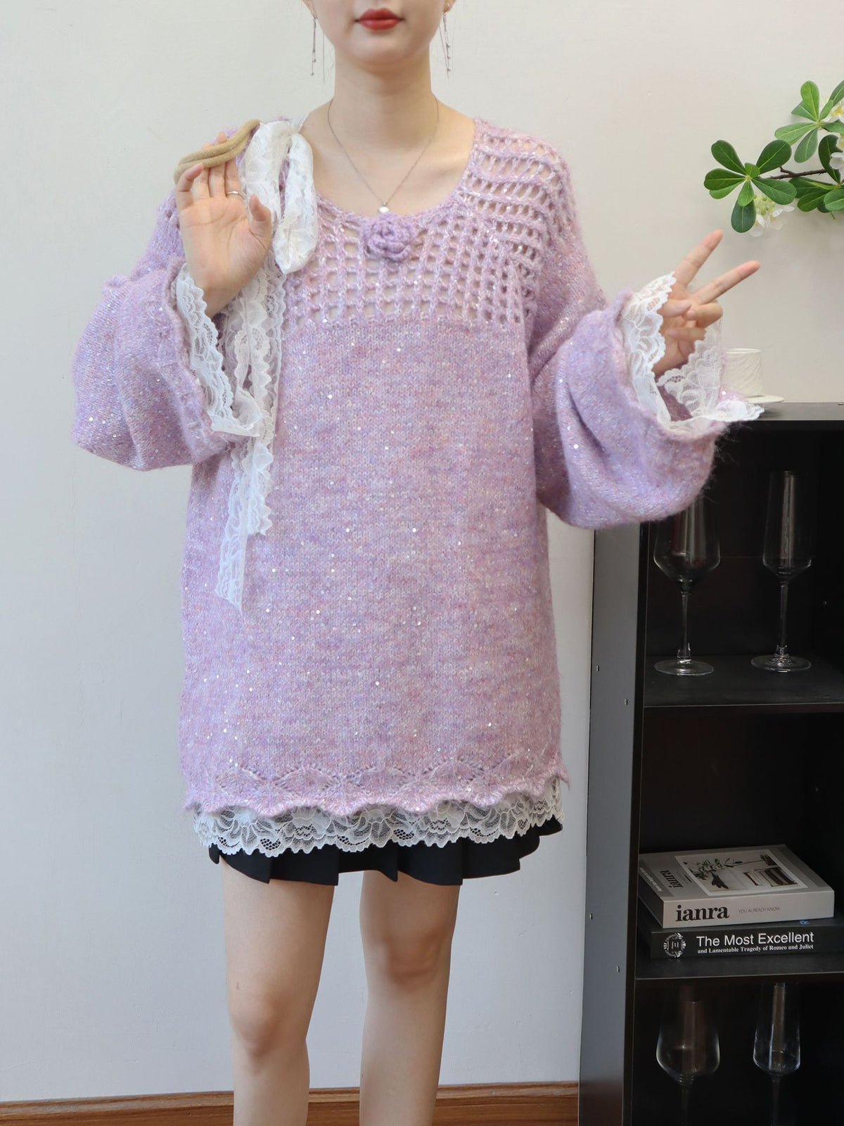 Hollow out patchwork lace sequin sweater