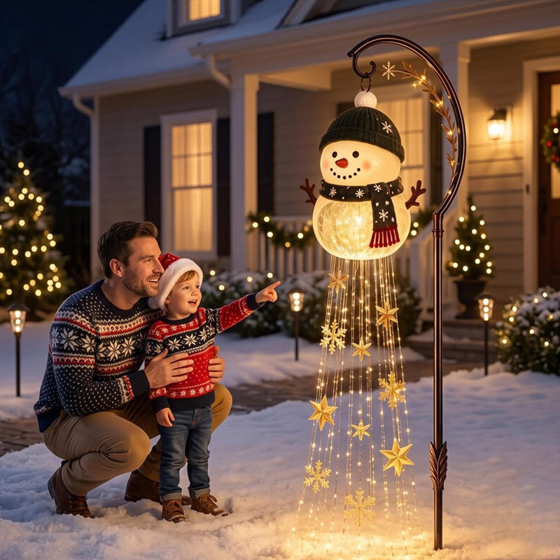 Christmas Magic Snowman LED Garden Light – Floating Snow, Magic Fountain Star Waterfall, Patio Ambiance Light
