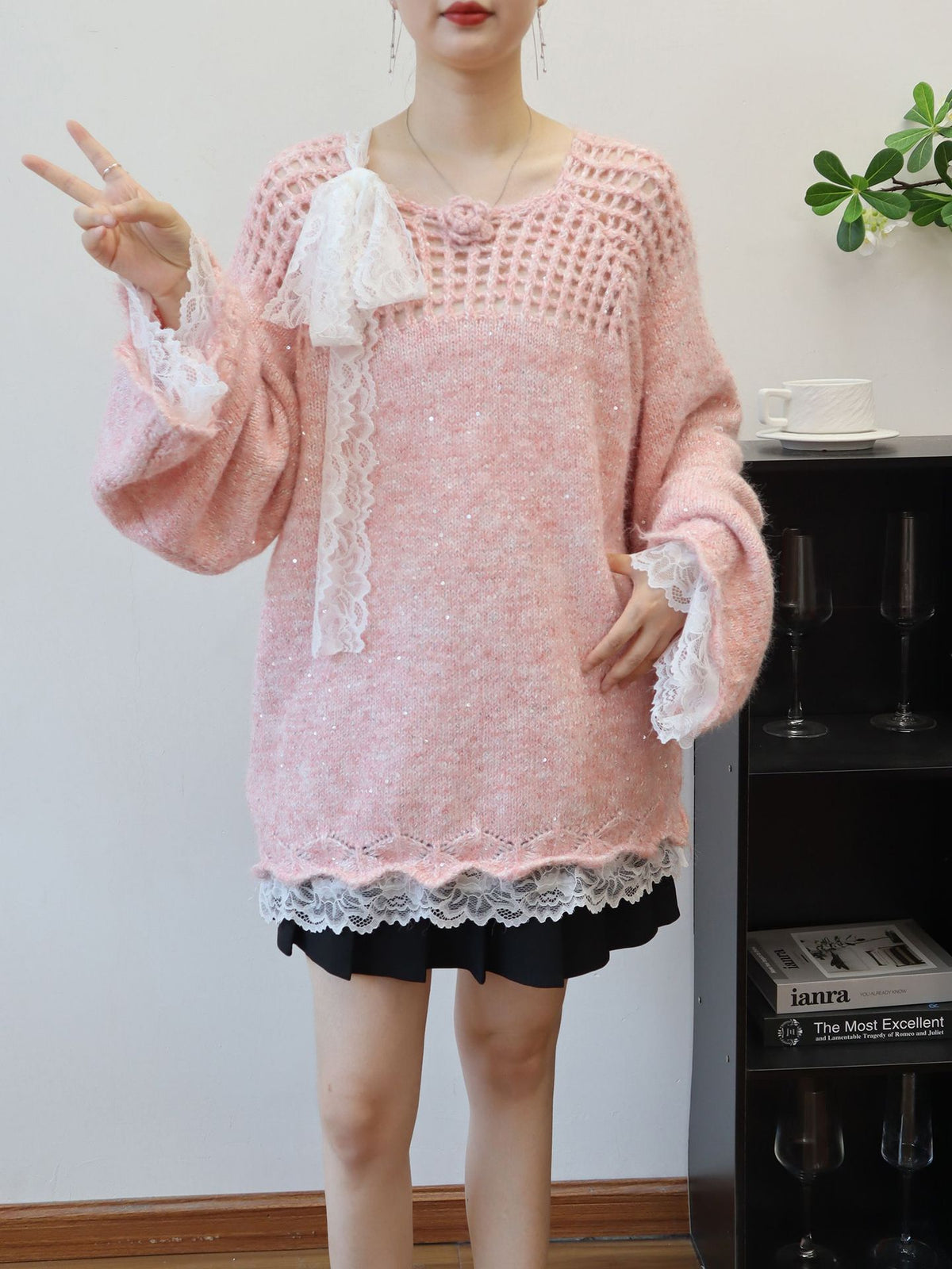 Hollow out patchwork lace sequin sweater