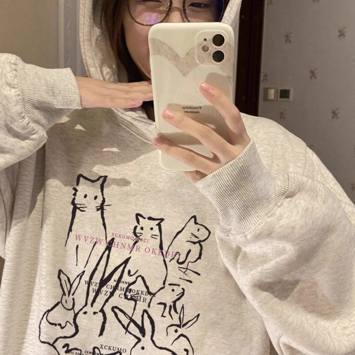 Fleece Lined Hoodie for Women – Cartoon Graffiti Print