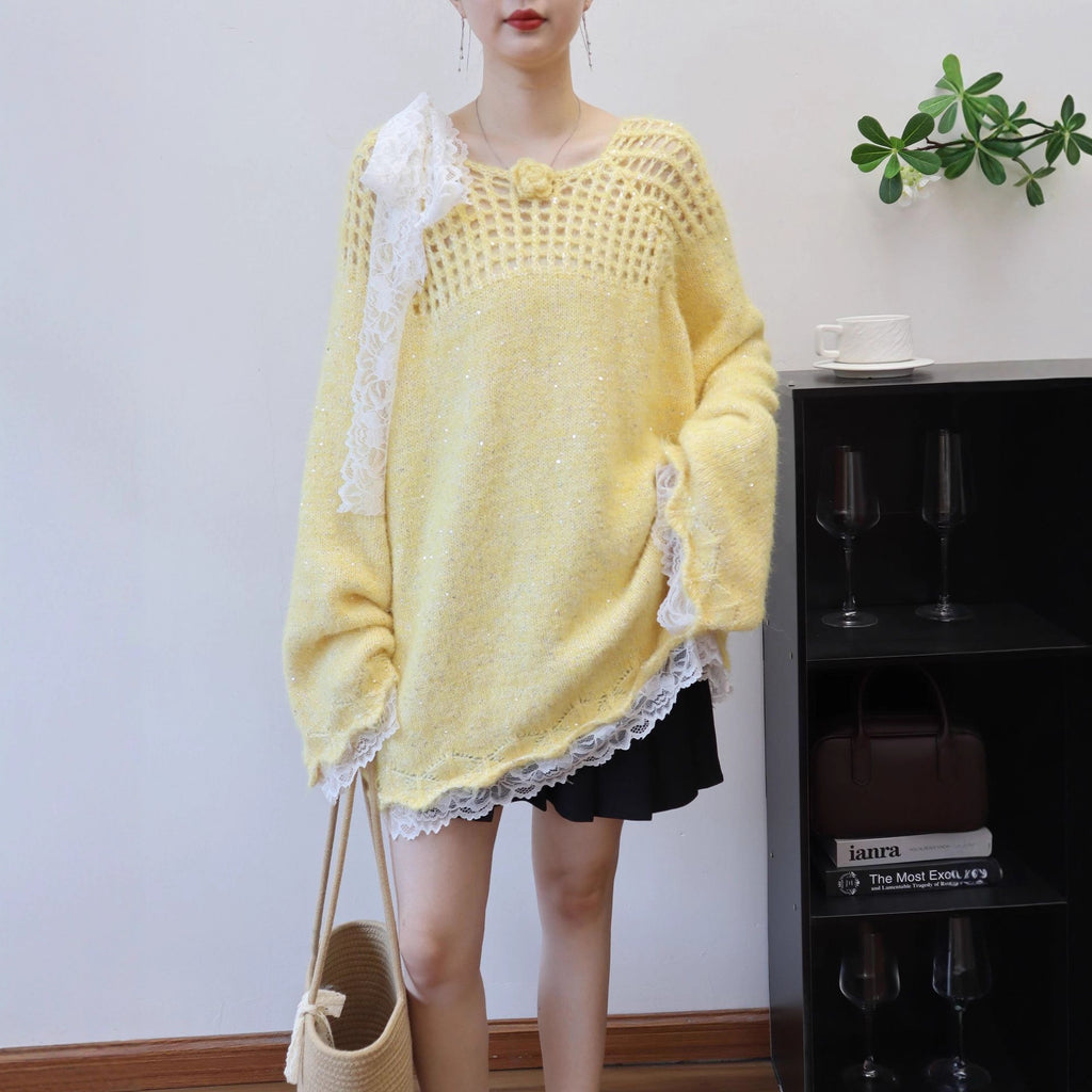 Hollow out patchwork lace sequin sweater