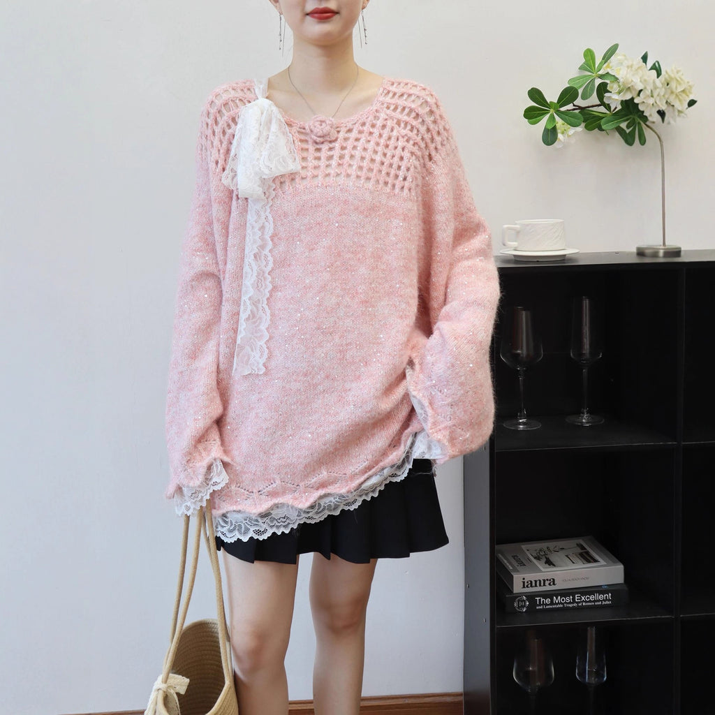 Hollow out patchwork lace sequin sweater