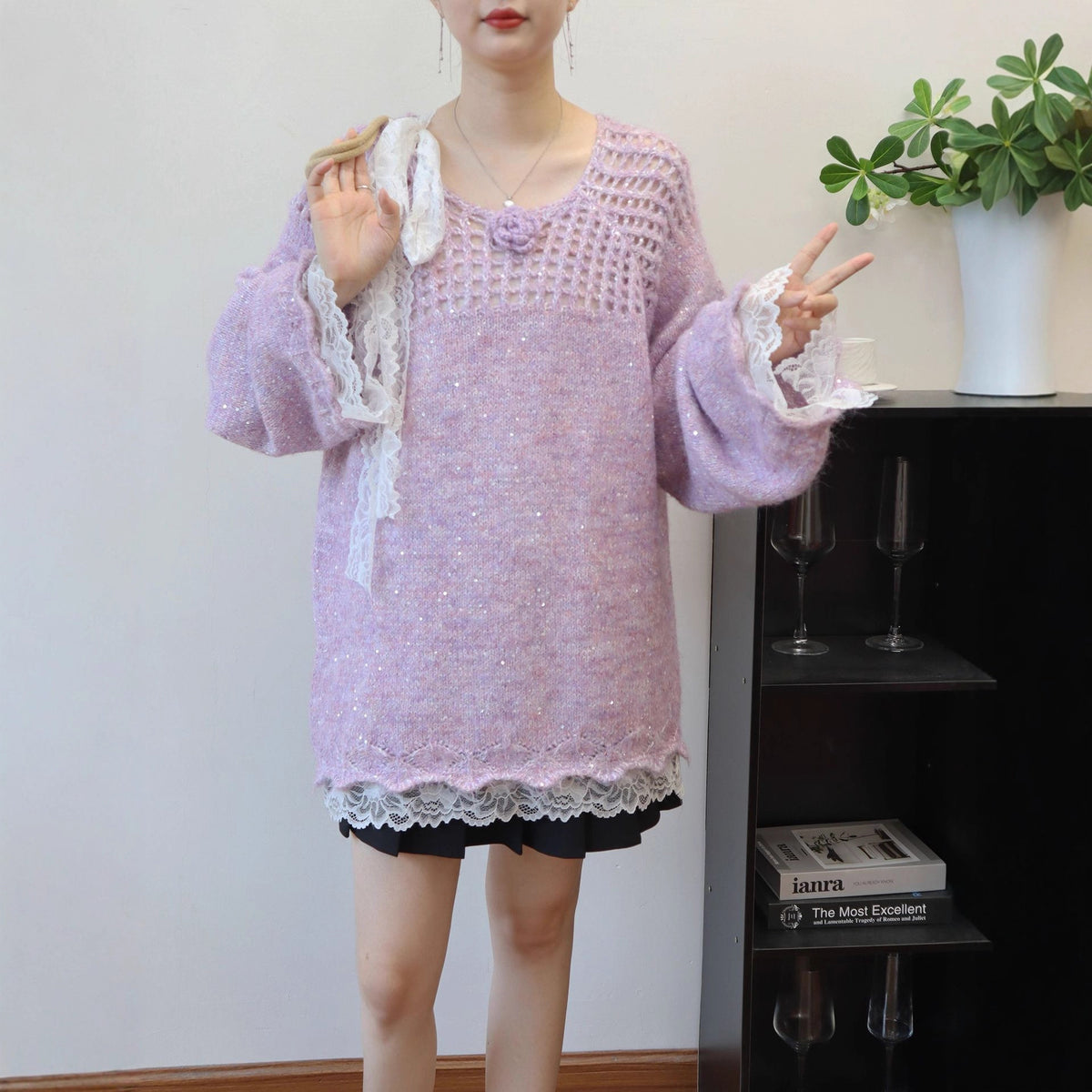 Hollow out patchwork lace sequin sweater