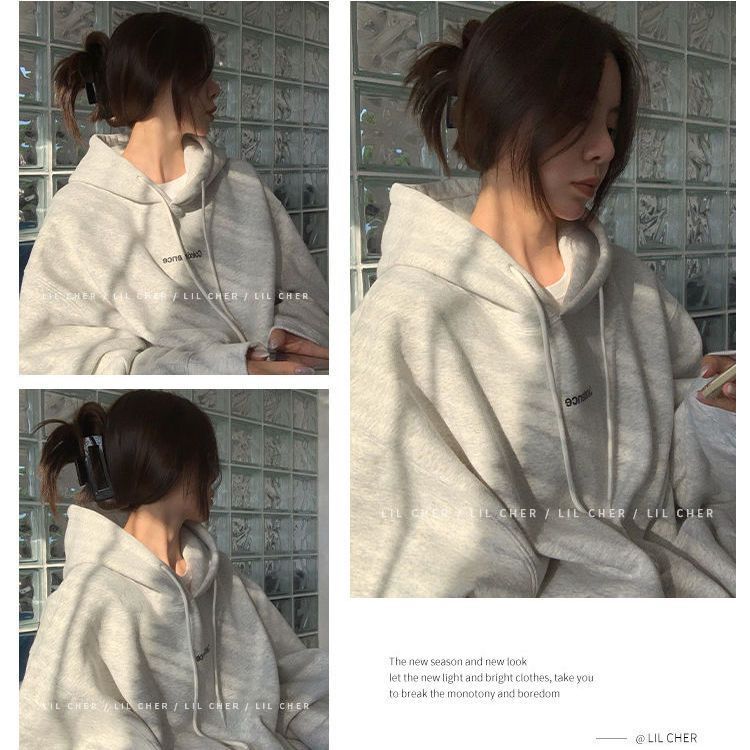 Casual Hooded Sweatshirt for Women, Gray, Oversized Loose Fit, Korean Style, Thickened Fleece Lined