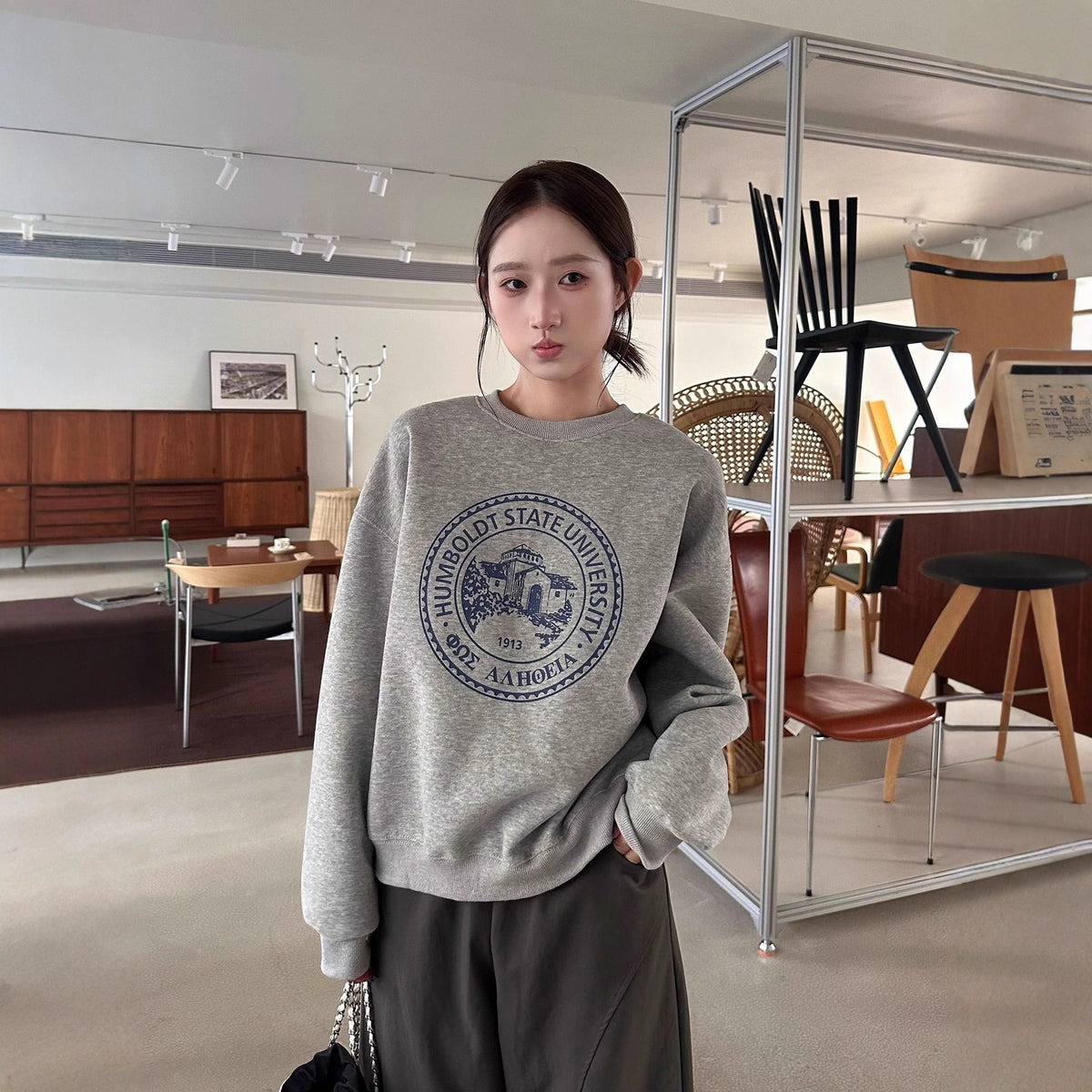 Print Hooded Crewneck Sweatshirt for Women, Loose Casual Long Sleeve