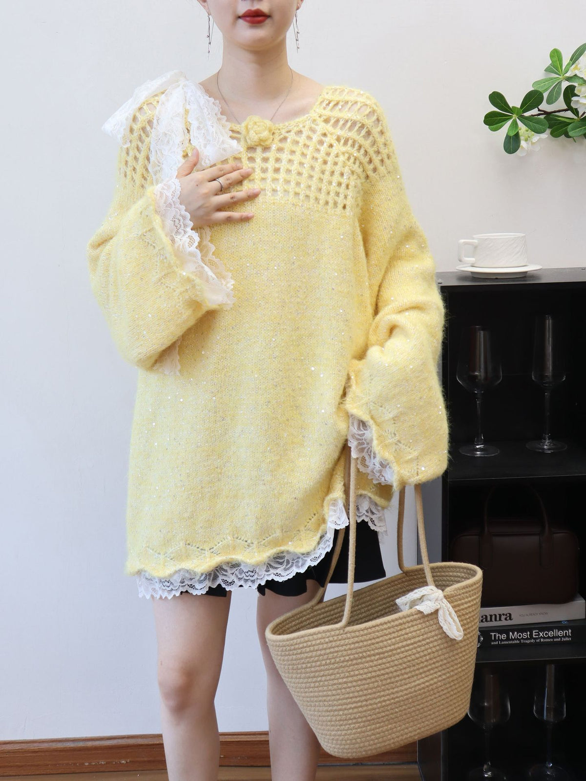 Hollow out patchwork lace sequin sweater