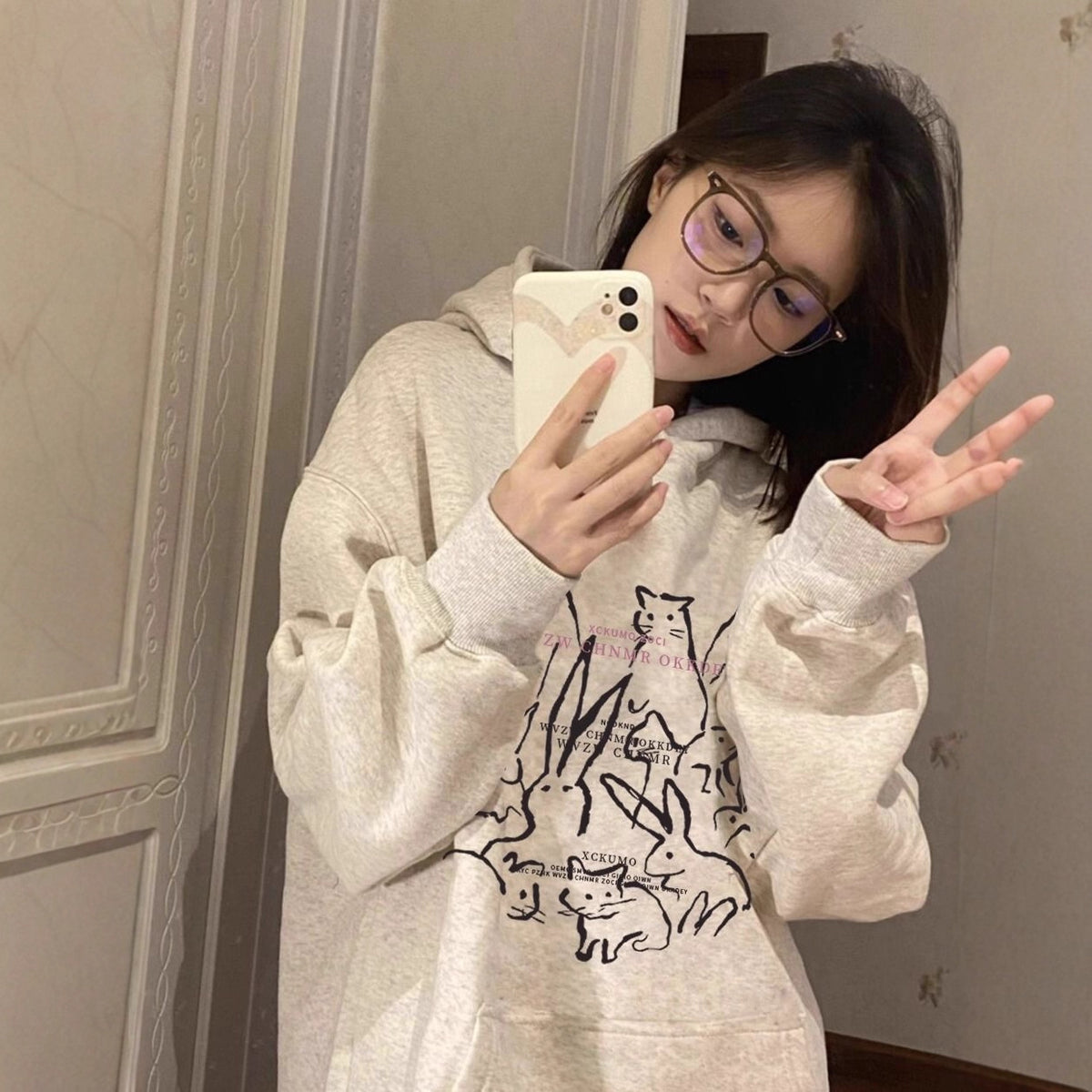 Fleece Lined Hoodie for Women – Cartoon Graffiti Print