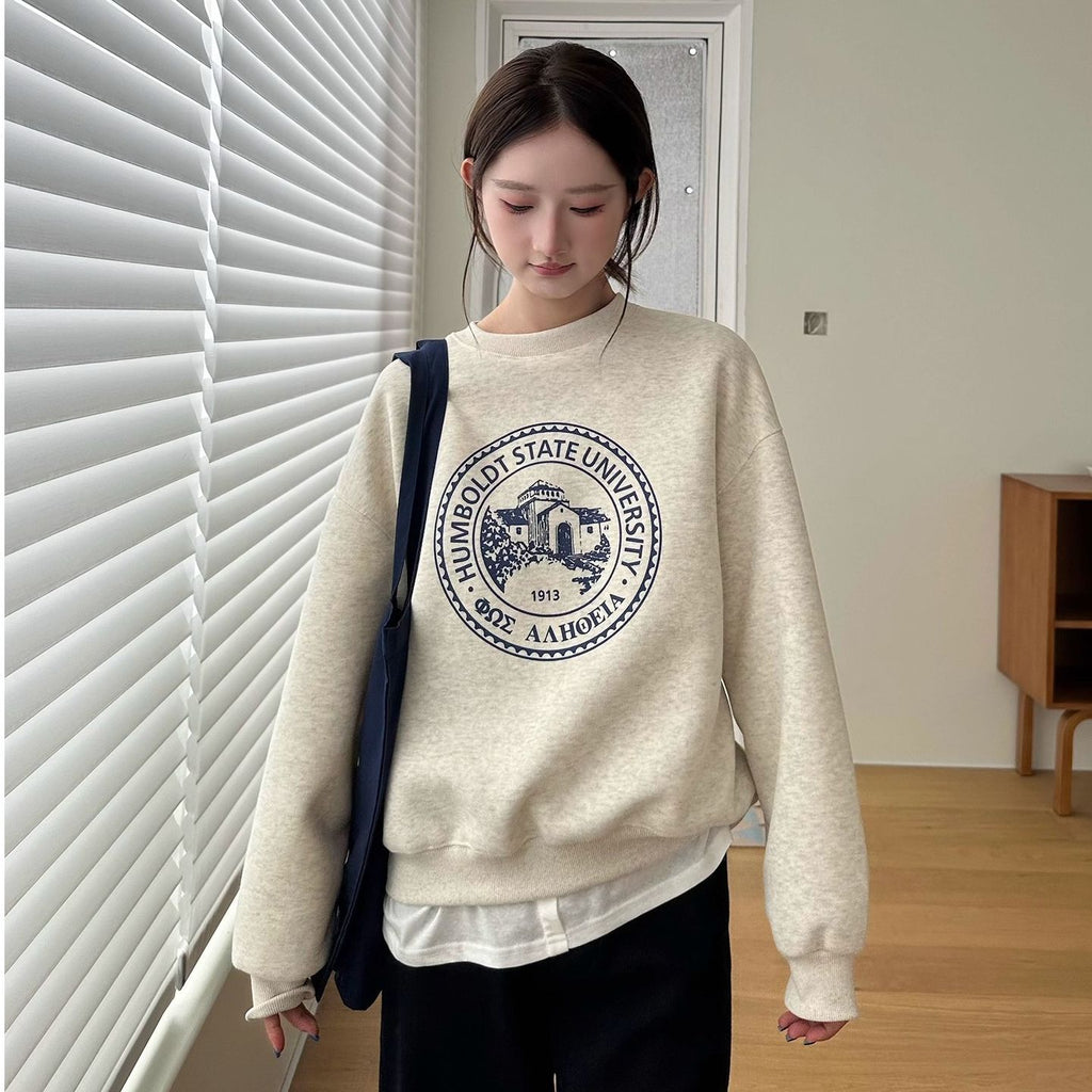 Print Hooded Crewneck Sweatshirt for Women, Loose Casual Long Sleeve