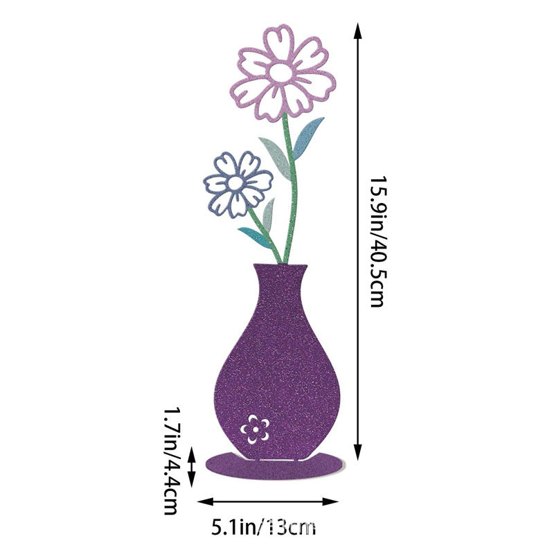 Colorful wall vase decoration featuring purple design and floral arrangement, dimensions 15.9in x 5.1in.