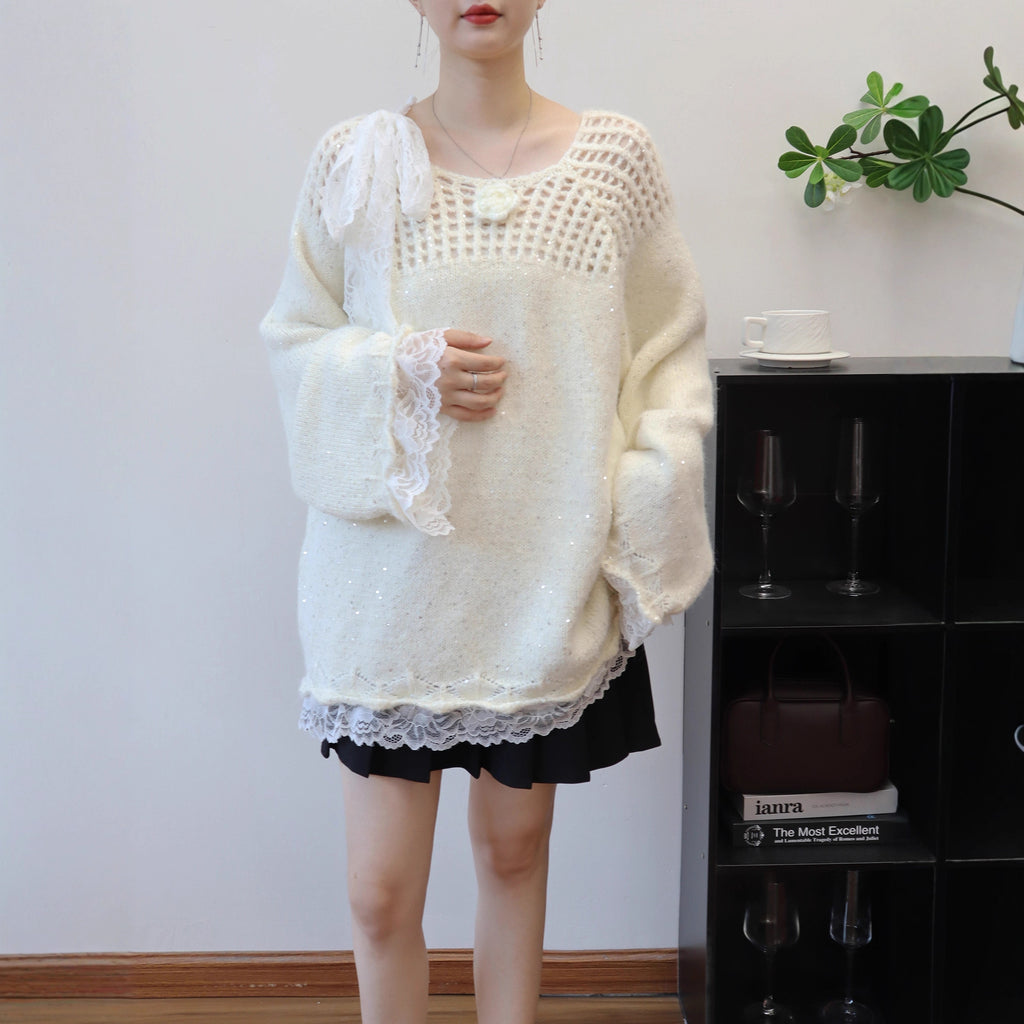 Hollow out patchwork lace sequin sweater