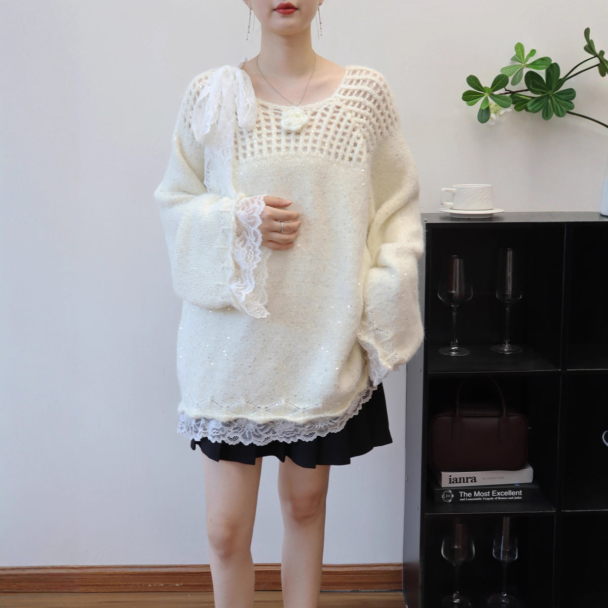Hollow out patchwork lace sequin sweater