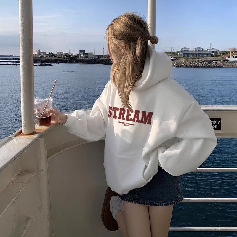 Minimalist Letter Print Hoodie, Unisex, Loose Fit, Versatile, Fleece-Lined Outerwear Top