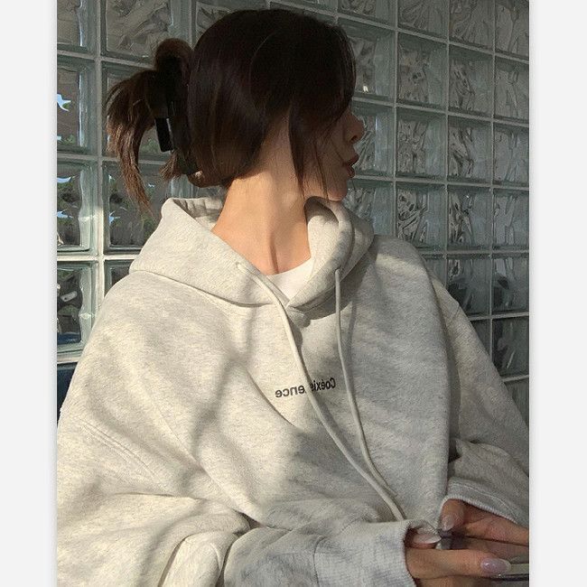 Casual Hooded Sweatshirt for Women, Gray, Oversized Loose Fit, Korean Style, Thickened Fleece Lined