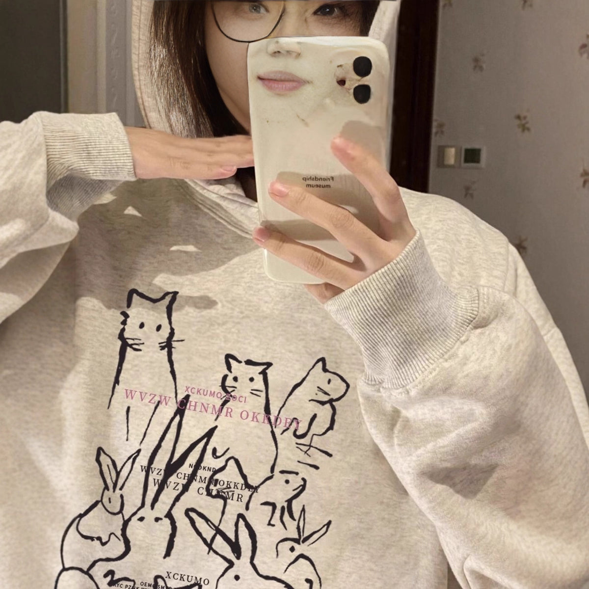 Fleece Lined Hoodie for Women – Cartoon Graffiti Print