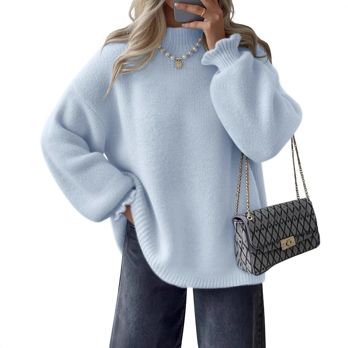 High neck simple lazy style pullover sweater