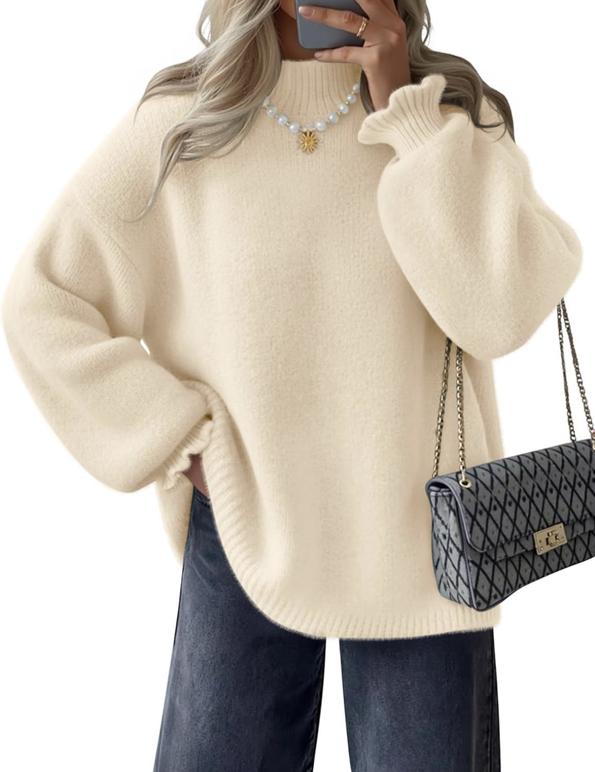 High neck simple lazy style pullover sweater