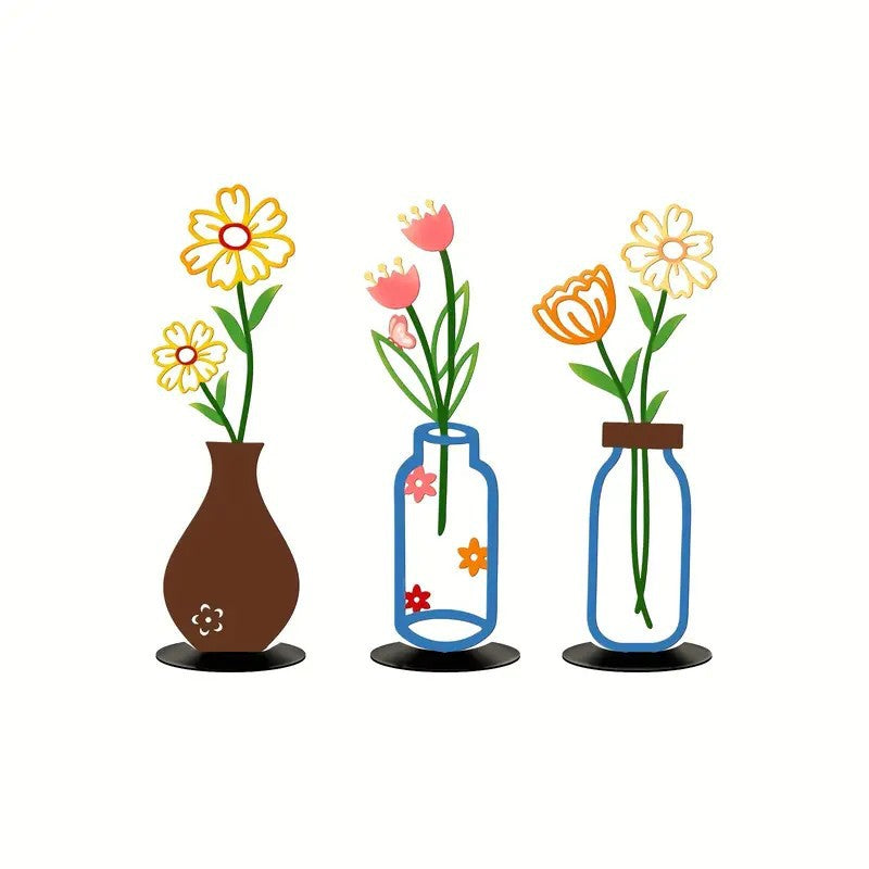 colorful wall vase decoration featuring three unique vase designs with vibrant flowers.