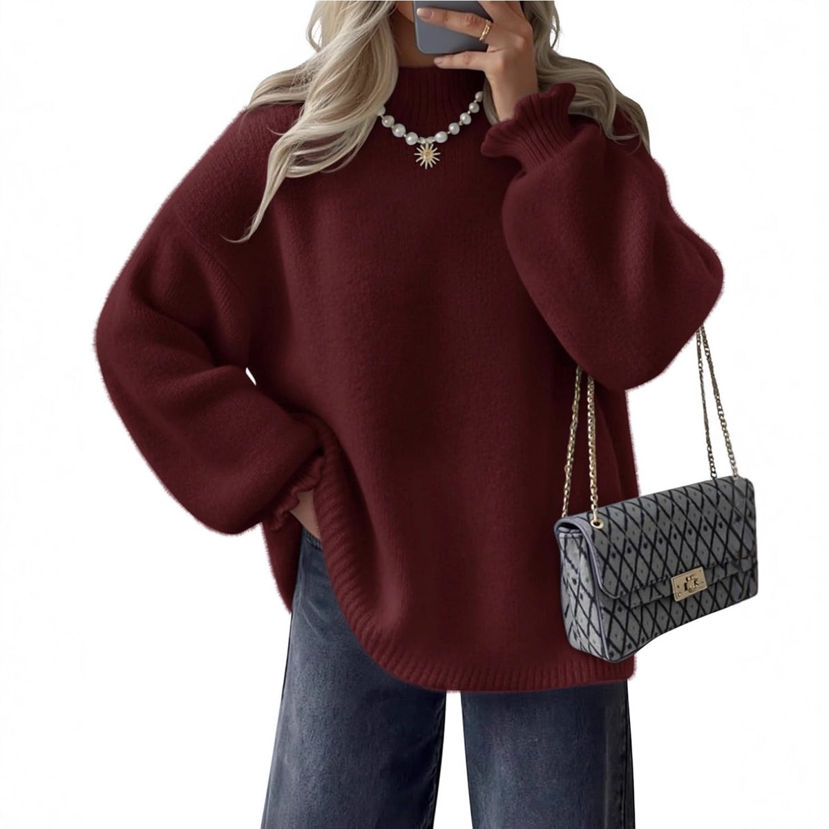 High neck simple lazy style pullover sweater