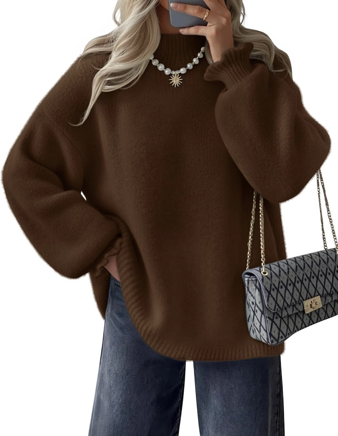 High neck simple lazy style pullover sweater